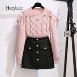 Women Autumn Winter Two Pieces Set Sweet Floral Embroidery Off The Shoulder Long Sleeve Knitted Sweater And Tweed Skirts