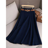 Fongt Women's Spring And Autumn Solid Color Casual Bvy Skirt With Belt