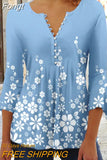 Floral Print Summer Blouse Women Elegant Simple Shirt V Neck Button 3/4 Length Sleeve Casual Holiday Basic Tops