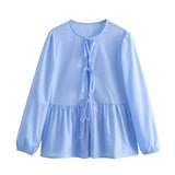 New Bow Knot Lock Color Loose Casual Shirt Blouse-Outfit