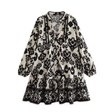 Fongt Single-Dlong Short Dress 2025 Spring/Summer V-Neck Print Long-Sleeved Loose Miniskirt