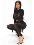 Perspective Mesh Tulle Round Neck Two-Piece Set Women'S Sexy Tight Long Sleeve Top + Split Pants With 2-Piece Club