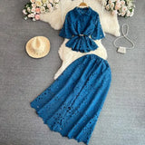 Fongt Luxury Retro Temperament Female Short-Sleeved Single Buckle Shirt High-Rise Half-Dress Two Sets Of Lace Fashion Set