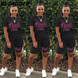 Summer Casual PINK Letter Print Two Piece Sets Women Short Sleeve Top And Skinny Pants Tracksuits Famale 2pcs