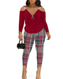 Autumn And Winter Women's Wear New Shoulder Spliced Long-Sleeved Printed Trousers Two Sets-Outfit