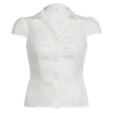 Fongt Style Organ Folds Solid Color POLO Collar Short-Sleeved Shirt To Close Short Buckle Umbilical Top