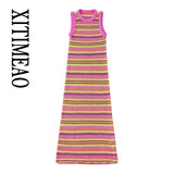 Beach Stripe Mulit Midi Dress Women Sleeveless Knitted Sexy Bodycon Tank Dresses Party Street Fashion