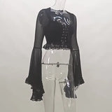 Strapped With Lace Spliced Horn Long-Sleeved Shirt Dark Slim Sexy Navel Cardigan T-Shirt-Outfit