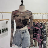 Real Shooting Front Double-Layer Tie-Dye Printing Mesh Long-Sleeved Top Short High-Waisted T-Shirt T-Shirt