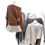 Fongt Irregular Collared Strap Bat Sleeve Knitted Shirt Women Early Autumn High-Level Feeling Unique To Super-Good-Looking Top