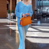 Fongt 2023 New Solid Color Hollow Design Lazy Wind Fashion Style Diagonal Shoulder Sweater-Outfit
