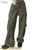 Drawstring Cargo Style Parachute Pants Basic Pockets Baggy Trousers Women Sporty Y2K Teachwear