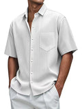 Fongt New Men's Solid Color Loose Comfortable Buffly Striped Short-Sleeved Button Lining