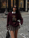 Fongt New Women's Bear Embroidered Retro Body Sweater College Style Knitted Shirt Top