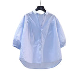 Fongt Fresh Art And Light Blue Cotton Shirt Women 7-Sleeve Casual Shirt 2025 Summer Temperament Top