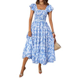 Fongt Summer Women's Casual Square Collar Print Folded Lotus Leaf Sleeve Dress Flowing Bohemian