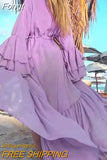 Loose Female Swimming Cover Up Tops Oversized Solid Long Sleeve Beachwear Veil Dress Women Maxi Ruffle Patchwork