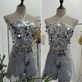 Fongt Industry Bling Bling Glide Hanging Neck Sling Vest One-Style Wrapping Tie With Large Bare Back Blouse 1083