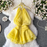 Fongt And Summer 2025 New Products Hanging Neck Bare Back Texture Crippling Poneng Dress To Close The Waist Tie Sweet Holiday Wind