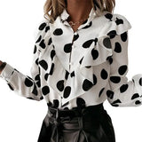 V Neck Ruffle Dot Print Long Sleeve Blouse Office Pullover Office