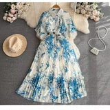 Fongt Style Retro Temperament Short-Sleeved Clapping Single-Dran A-Word Print 100-Fold Shirt Dress Summer