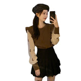 Fongt Spring Splicing Bubble Sleeve Knitted Sweater Women's Season Design Sense Niche Lotus Side Long Sleeve