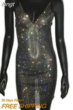 Women Bodycon See Through Mini Dress Glitter Rhinestone Fishnet Grid Spaghetti Strap Low Cut Sleeveless Backless