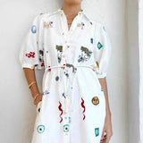 Fongt Women's New Printed Collar Long Collection Belt With Shirt Dress 661