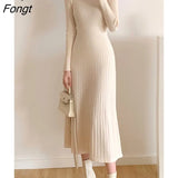 Winter Slim Long Sleeve Party Midi Dress for Women Knitted Half High Collar Elegant Knitted Sweater Dresses