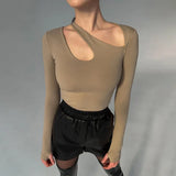 Fongt Hollow Collar Solid Color Onesie, Sexy Hot Girl Fashion Slim Long-Sleeved