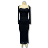 Fongt V-Neck Low-Breast Mesh Yarn Long-Sleeved Pupling Open-Fork Dress Woman