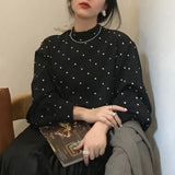 Fongt Chic French Retro Black And White Wave Half High Collar Loose Bubble Sleeve Bottom Shirt Topess