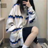 Fongt Wave Color Stripe Knit Cardigan Female Medium Long Jacket Coat Autumn 2024 New Style Lazy Wind-Outfit