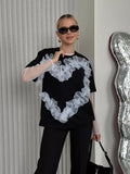 Fongt Eogen Yarn Folded Spliced T-Shirt Women Fashion In Wind Collar Loose Cotton Top