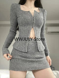 Autumn Sexy 2 Piece Dress Set Elegan Casual Long Sleeve Knitted Suits Y2k Crop Tops + Bodycon High Waist Mini Skirt Korean-Outfit
