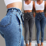 High Waist Jeans Women Streetwear Bandage Denim Jeans Femme Pencil Pants Skinny Casual Jeans