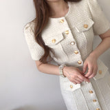 Fongt Chic French Temperament Round Collar Chic Metal Button Slim Slim Short Sleeve Wrapped Hip Tweed Dress Woman-Outfit