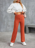 Fongt Fashion New Women's Casual Straight Pants High Waist Button Elastic Belt With Multiple