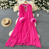 Fongt 2025 New Elegant Solid Dress Round Collared Loose Hair Splicing 100 Folding Long Dress