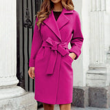 Women Hot Pink Trench Coat Casual Mid Long Overcoat Lapel Open Front Cardigan Outwear Woolen Boot Winter Jackets for Women-Outfit