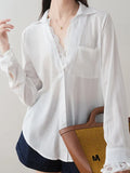 Fongt Splicing Two V-Neck White Shirt Women's 2025 New Spring Top Design Small Shirt