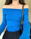 Slash Neck Tee Women's Slim Simple Off-shoulder Full Sleeve T-shirts Girl Solid Stretchy Tshirt Top-Outfit