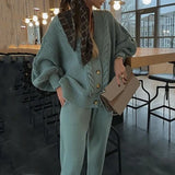 Knitted Tracksuit Women V Neck Cardigan Sweater And Elastic Pants Women's 2 Piece Set Knitting Suit 2021 Autumn