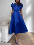 Women's Summer Dress with Botton White Elegant Office Ladies Split Short Sleeve A-Line Chic Holiday Party Maxi Dresses for Women-Outfit