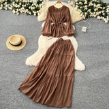 Fongt Wind Age Reduction Suit Women's Spring French Strap To Close Waist Round Collar Long-Sleeved Shirt + High Waist-Hanging Half-Body Skirt