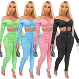 Up Drawstring Two Piece Set Women Off Shoulder Crop Top Ruched Stacked Pants Elegant 2 Piece Set Club Outfits Matching Sets-Outfit