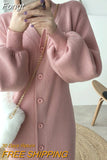 Sweater Dress Women Knitted Sweaters Dresses V-neck Bodycon Midi Button Decor Slim Long Sleeve Vestidos