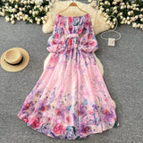 Fongt Spring Holiday Style Dress Woman 2025 New Shoulder Strapped Belt Waist Lantern Sleeve Print Chiffon Long Skirt