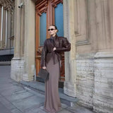 Fongt Early Spring New Women's Retro Coffee Brown Leather Coat Women