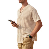 Fongt Men's Summer New Short-Sleeved Shirt Lapel Solid Color Hollow Out Breathable Cool Summer Men's